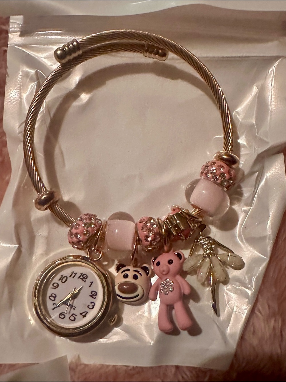Women's Pink Charm Bracelet Watch with Bear & Dragonfly Charms